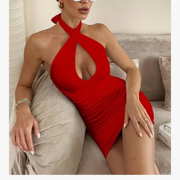 Chic Red Halter Mini Dress - Picture 5 of 7
